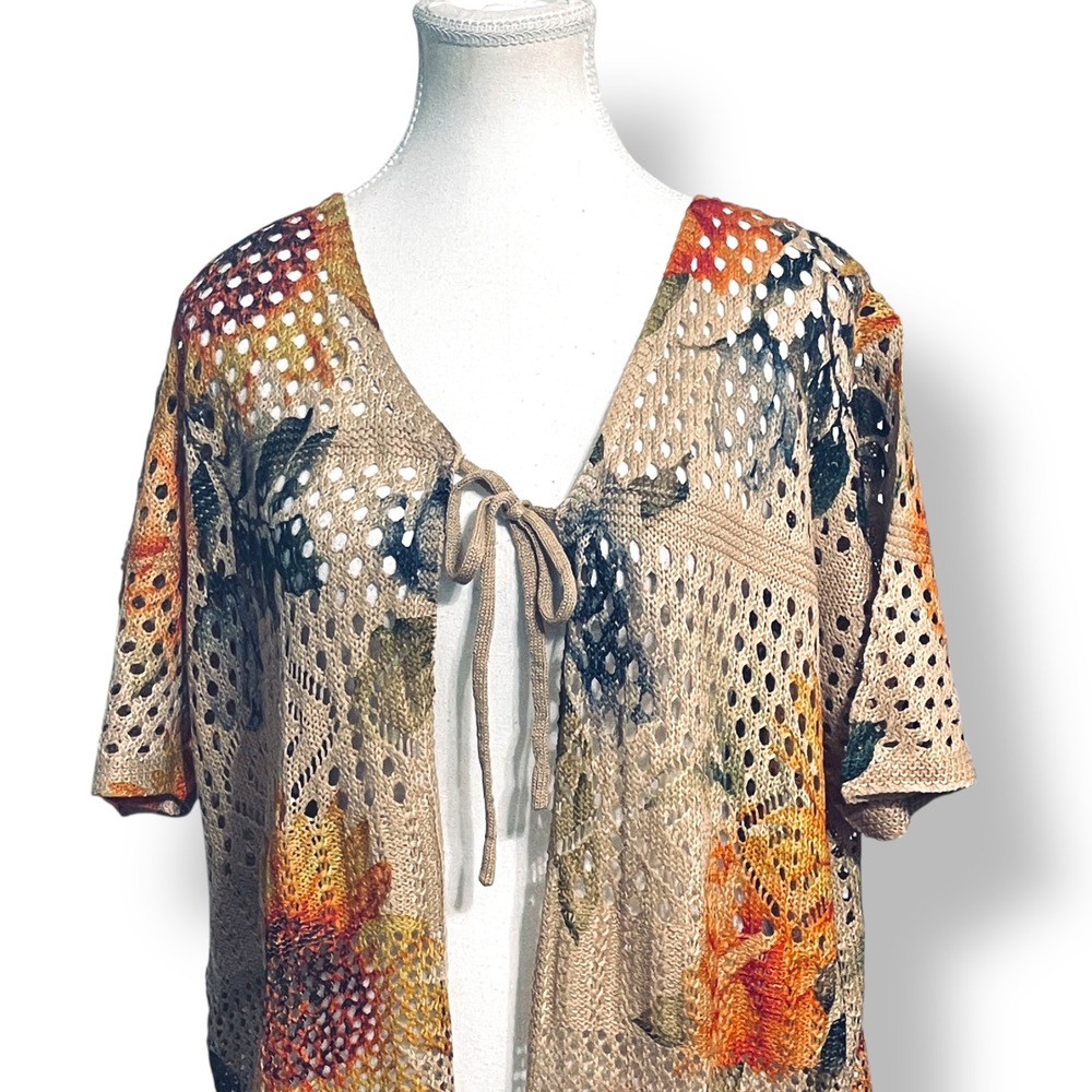 Floral Crochet Tie Front Cardigan XL Tan Sunflower‎ Boho Cottagecore Casual - Picture 2 of 7